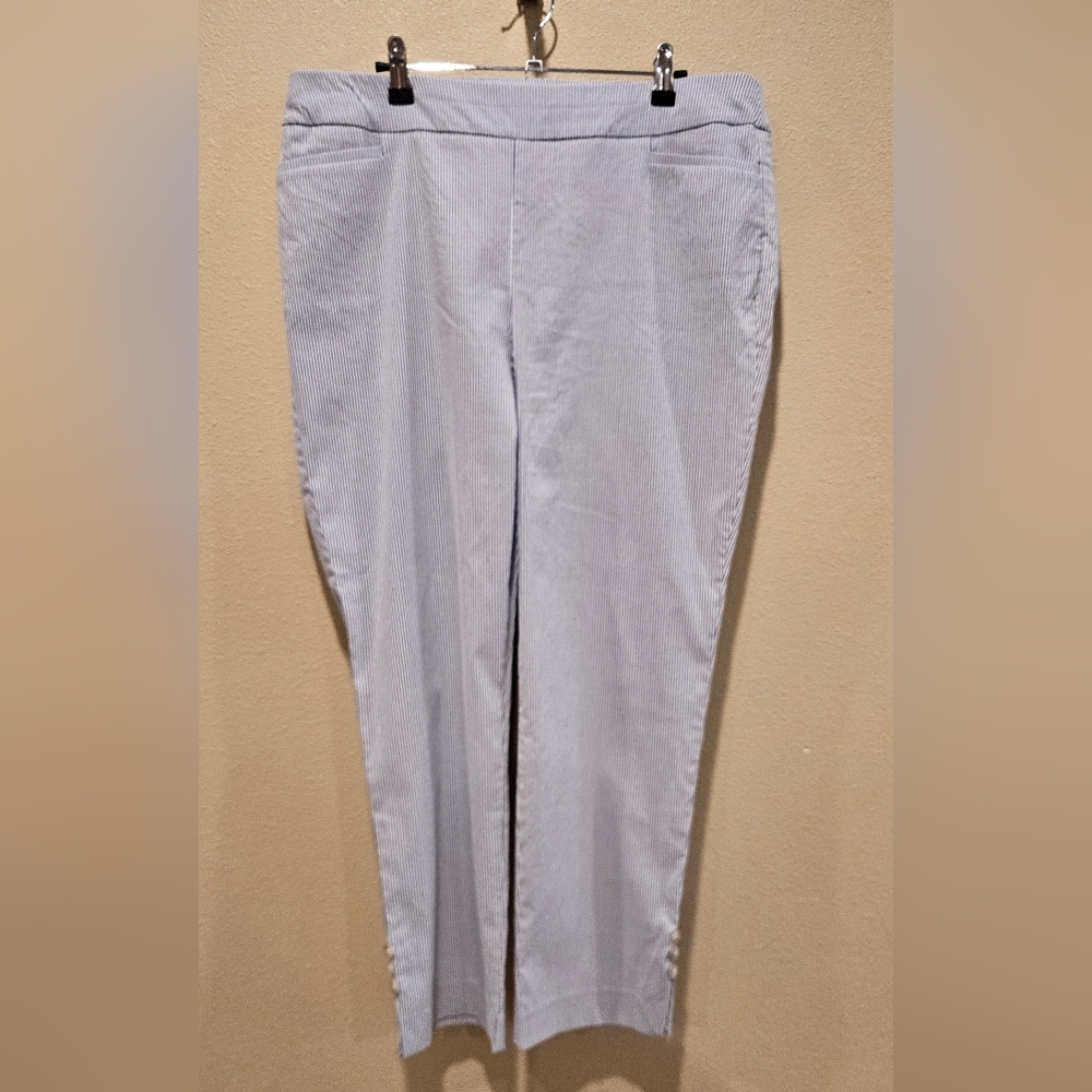 Chico's Women's Seersucker Blue And White Striped Pants, Size 14R / Chico 2.5R